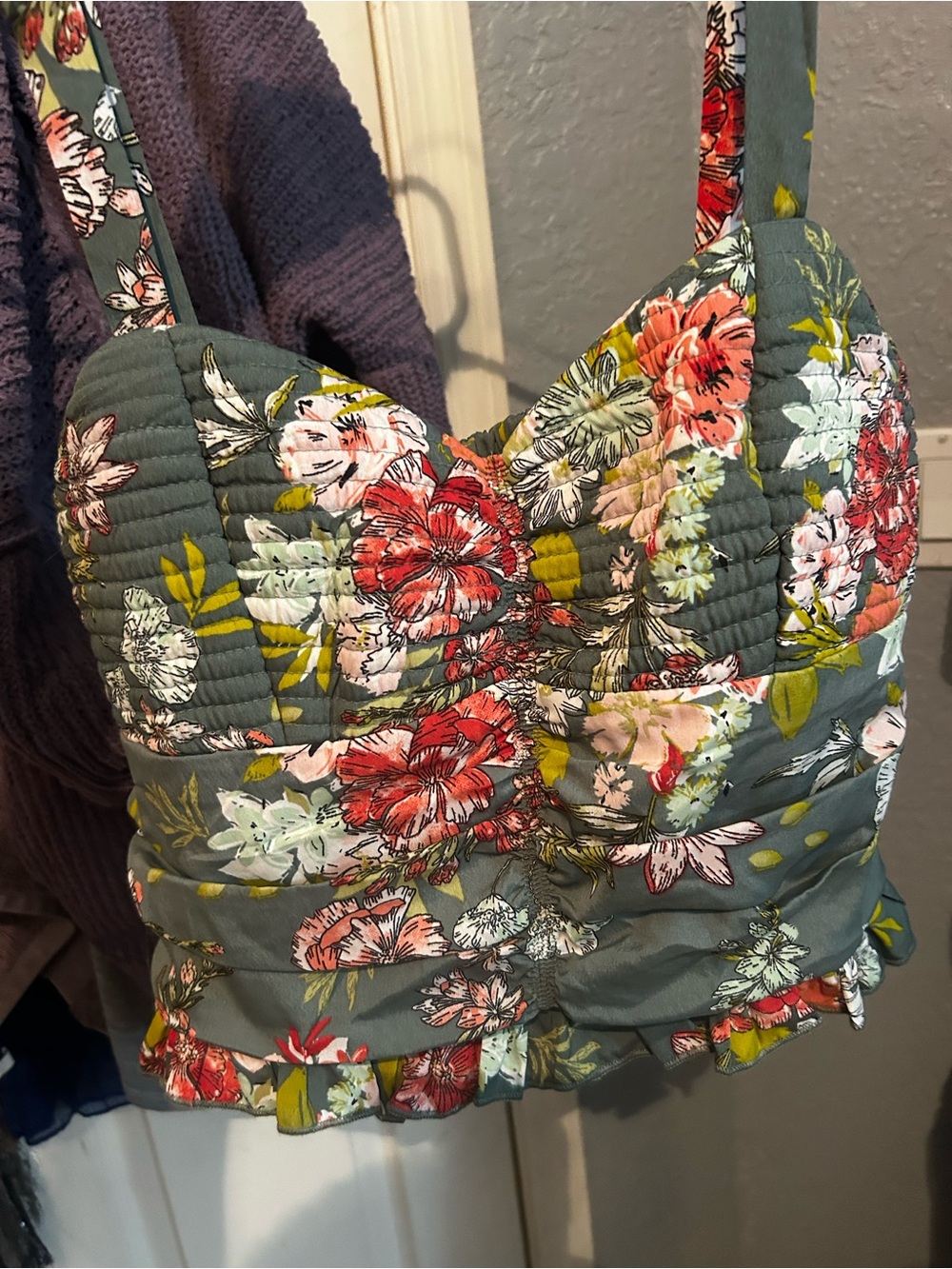 Floral Bustier Crop Top - Green with Red & Pink Flowers